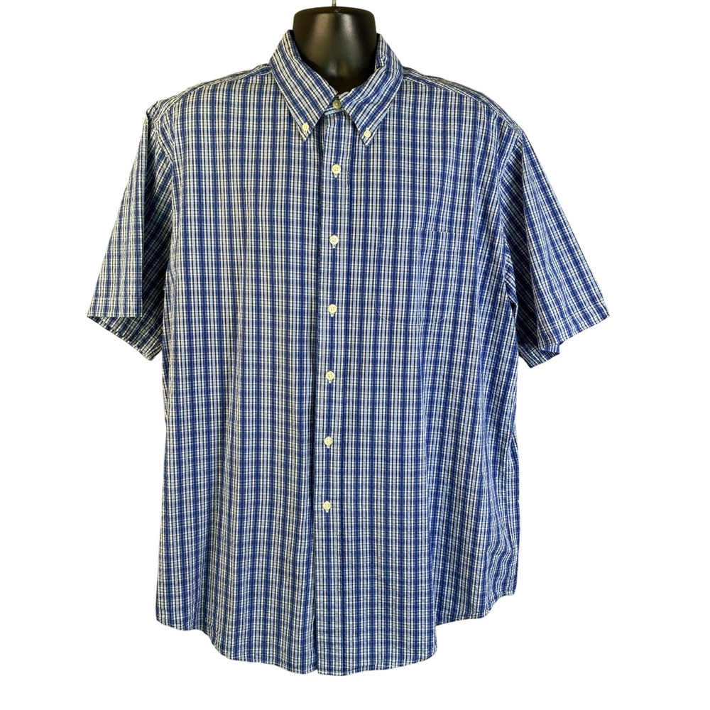 Brooks Brothers Seersucker XL Blue Plaid Short Sleeve Button Down Shirt Reg Fit